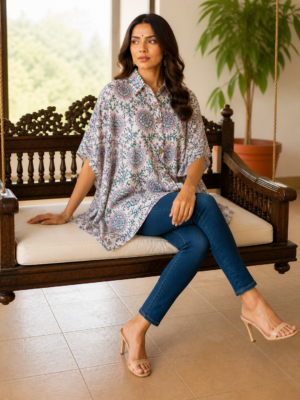 Premium Muslin Modal Silk Printed Kaftan Shirt – Elegant Pastel Edition