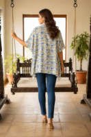 Premium Muslin Modal Silk Printed Kaftan Shirt – Classic Blue Floral