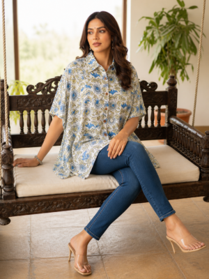 Premium Muslin Modal Silk Printed Kaftan Shirt – Classic Blue Floral