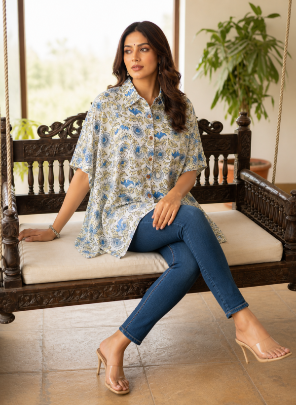 Premium Muslin Modal Silk Printed Kaftan Shirt – Classic Blue Floral