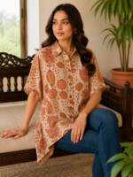 Premium Muslin Modal Silk Printed Kaftan Shirt – Rust Beige Abstract