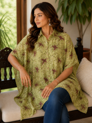 Premium Muslin Modal Silk Printed Kaftan Shirt – Olive Floral Edition