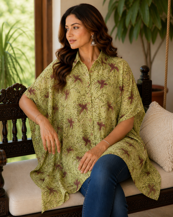 Premium Muslin Modal Silk Printed Kaftan Shirt – Olive Floral Edition