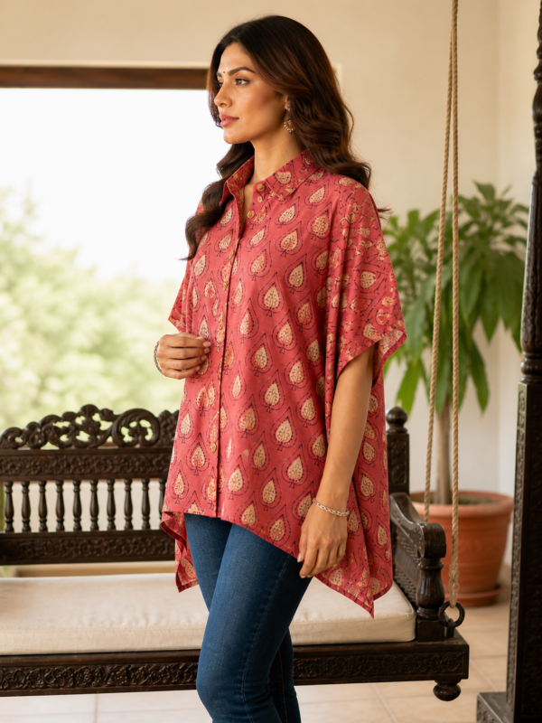 Premium Muslin Modal Silk Printed Kaftan Shirt – Rose Red Ethnic
