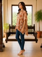 Premium Muslin Modal Silk Printed Kaftan Shirt – Rust Beige Abstract