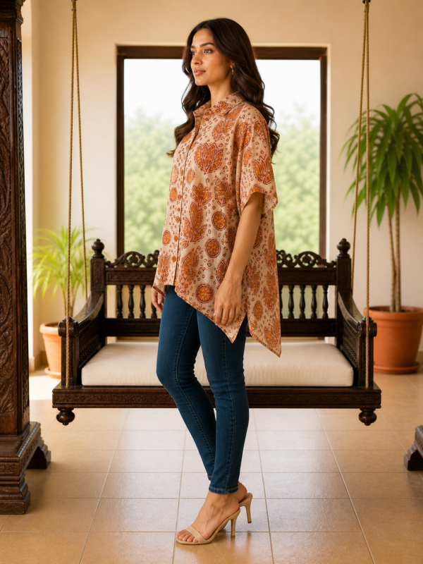 Premium Muslin Modal Silk Printed Kaftan Shirt – Rust Beige Abstract