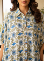 Premium Muslin Modal Silk Printed Kaftan Shirt – Classic Blue Floral