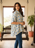 Premium Muslin Modal Silk Printed Kaftan Shirt – Classic Blue Floral