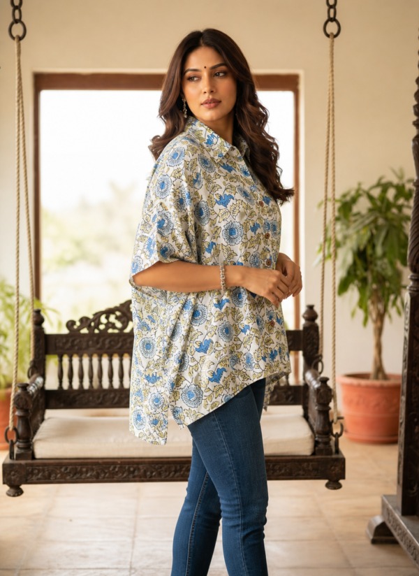 Premium Muslin Modal Silk Printed Kaftan Shirt – Classic Blue Floral