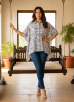 Premium Muslin Modal Silk Printed Kaftan Shirt – Elegant Pastel Edition
