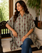 Premium Muslin Modal Silk Printed Kaftan Shirt – Sage Grey Ethnic