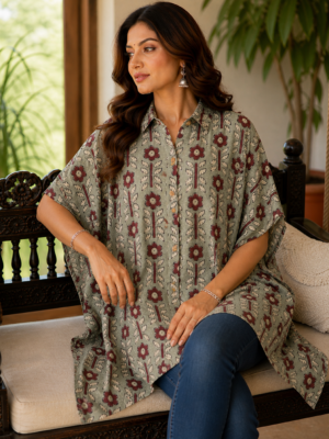 Premium Muslin Modal Silk Printed Kaftan Shirt – Sage Grey Ethnic