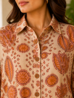 Premium Muslin Modal Silk Printed Kaftan Shirt – Rust Beige Abstract