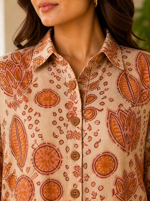 Premium Muslin Modal Silk Printed Kaftan Shirt – Rust Beige Abstract