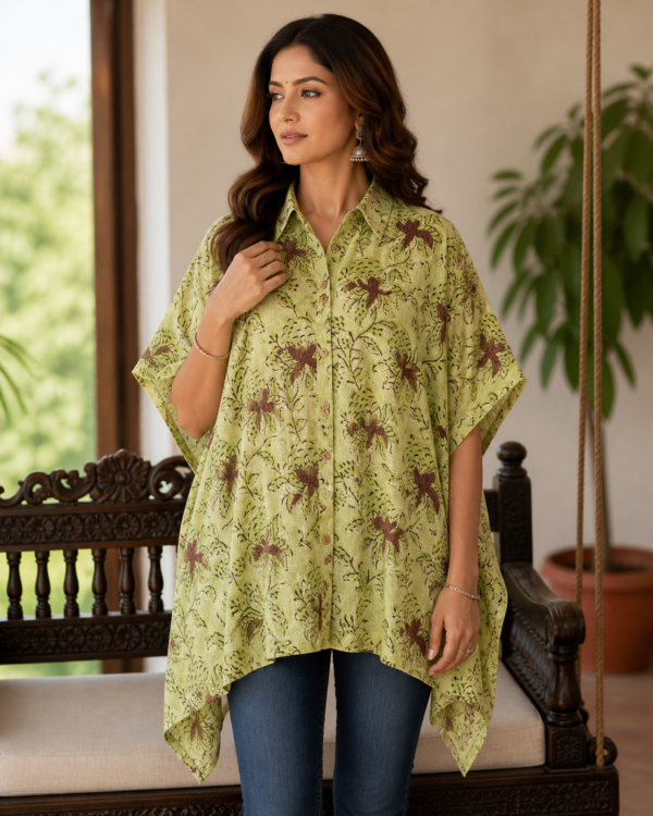 Premium Muslin Modal Silk Printed Kaftan Shirt – Olive Floral Edition