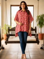 Premium Muslin Modal Silk Printed Kaftan Shirt – Rose Red Ethnic