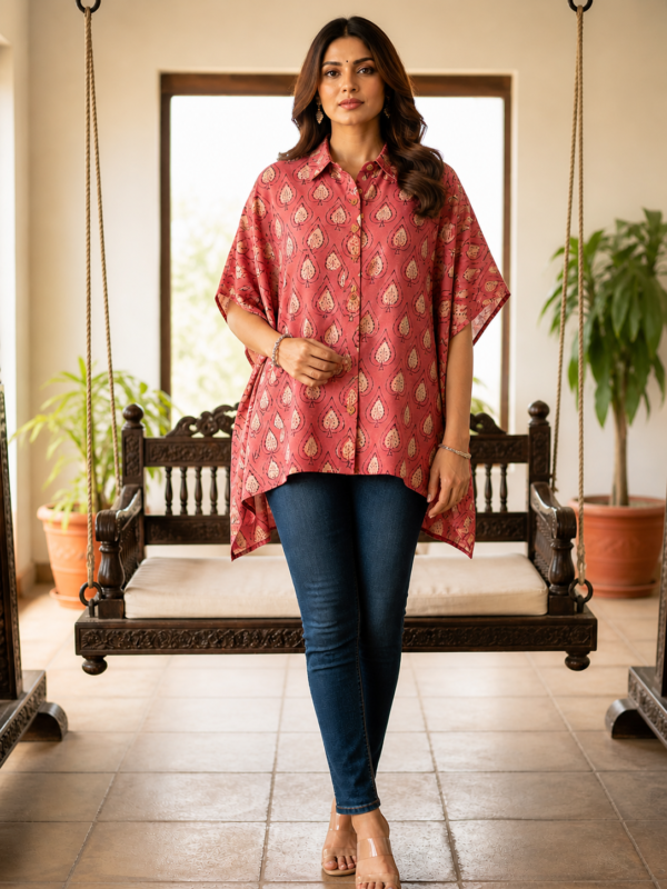 Premium Muslin Modal Silk Printed Kaftan Shirt – Rose Red Ethnic