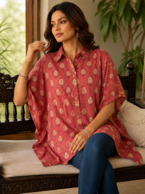 Premium Muslin Modal Silk Printed Kaftan Shirt – Rose Red Ethnic