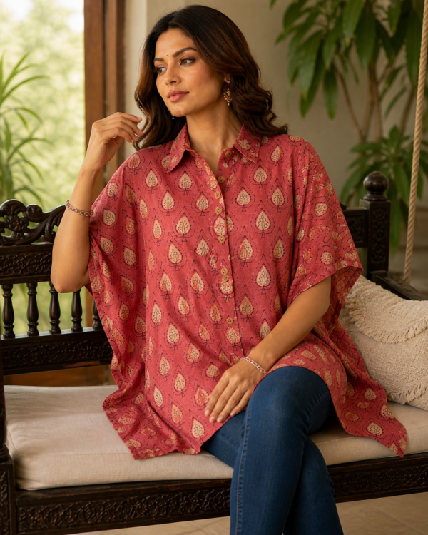 Premium Muslin Modal Silk Printed Kaftan Shirt – Rose Red Ethnic