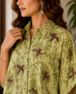 Premium Muslin Modal Silk Printed Kaftan Shirt – Olive Floral Edition