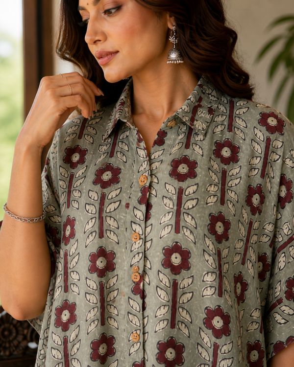 Premium Muslin Modal Silk Printed Kaftan Shirt – Sage Grey Ethnic