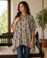 Premium Muslin Modal Silk Printed Kaftan Shirt – Sage Grey Ethnic